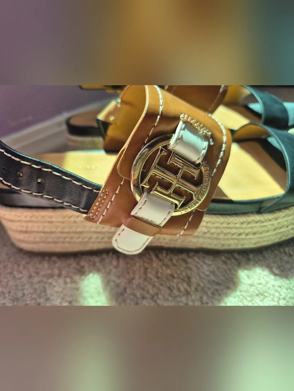 Tommy Hilfiger Two-Tone Black, Tan & White Espadrille Platform Sandals